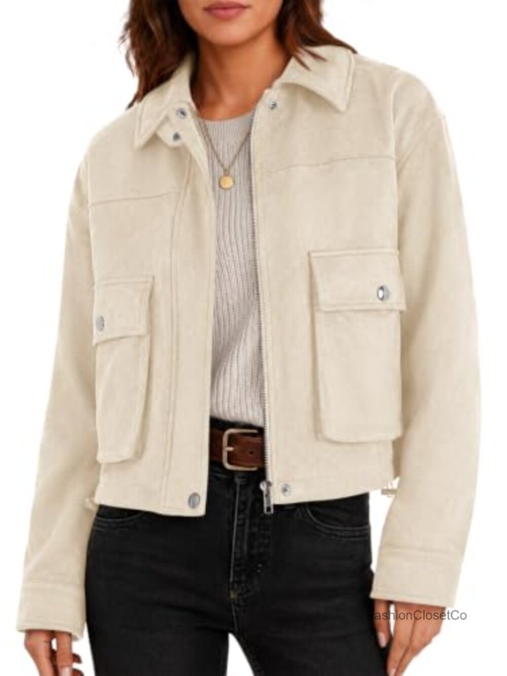 Faux Suede Bomber Jacket Cropped Zip Up Casual Coat